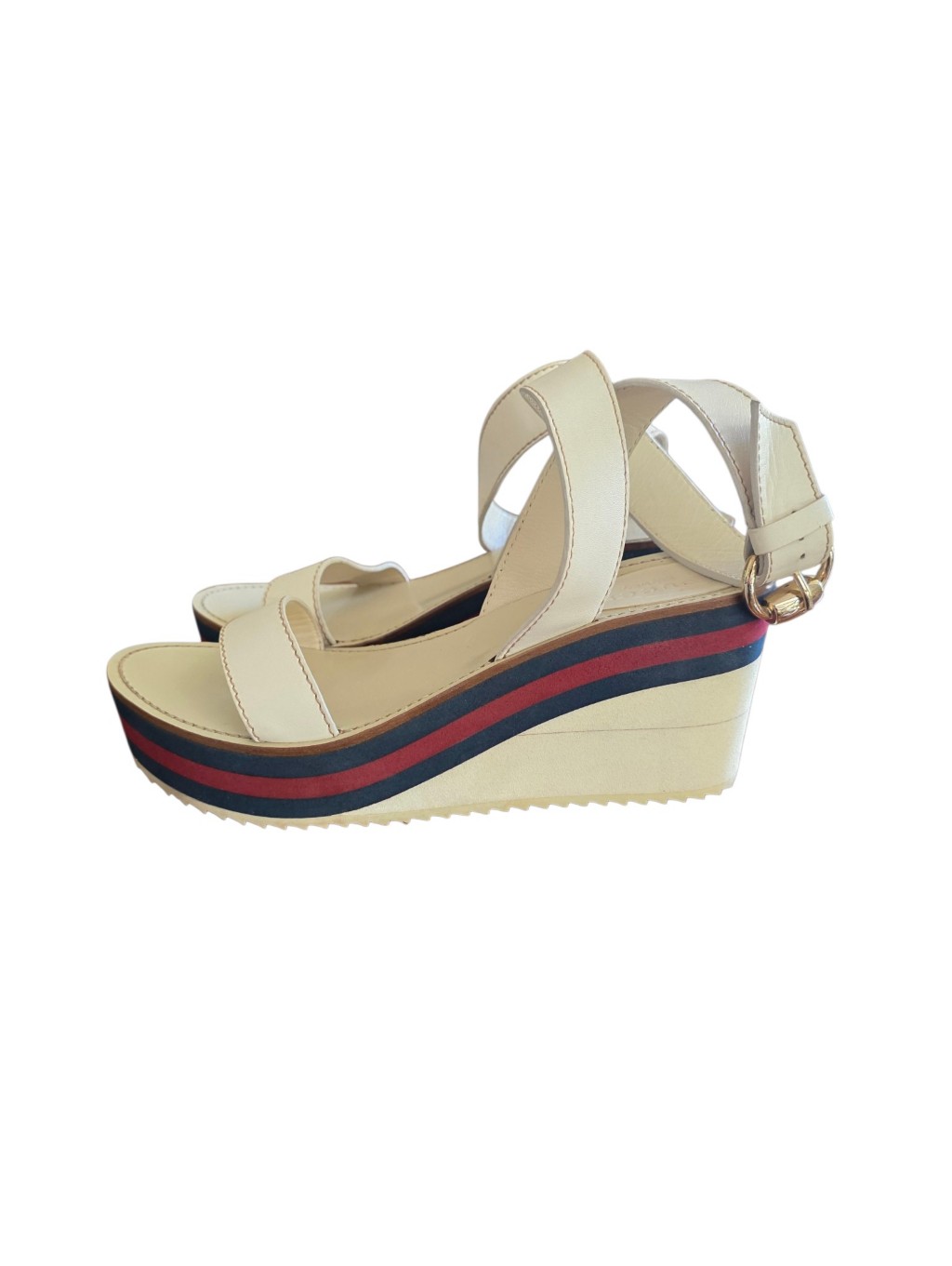 Gucci White Leather Platform Wedge Sandals Web Stripe Size 6.5b